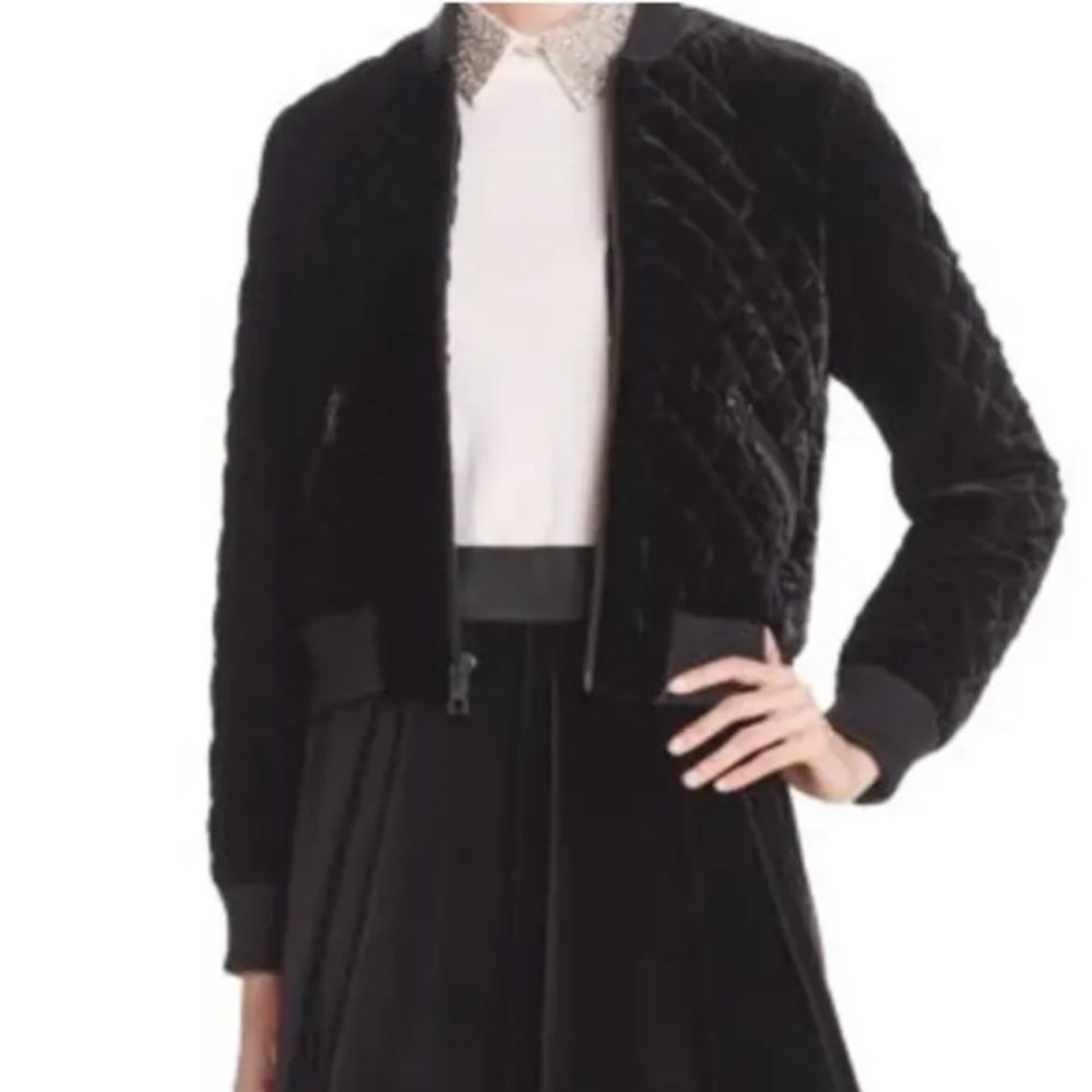Alice and Olivia womens bomber jacket small Black Quilted stand collar velour
